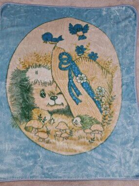 VTG Solara Blue Tan Blanket 43x52 Dog Hat Porcupine Mushrooms Birds Flowers READ